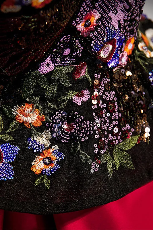 Floral Embroidered A-line Black and Red Sweetheart Formal Gown