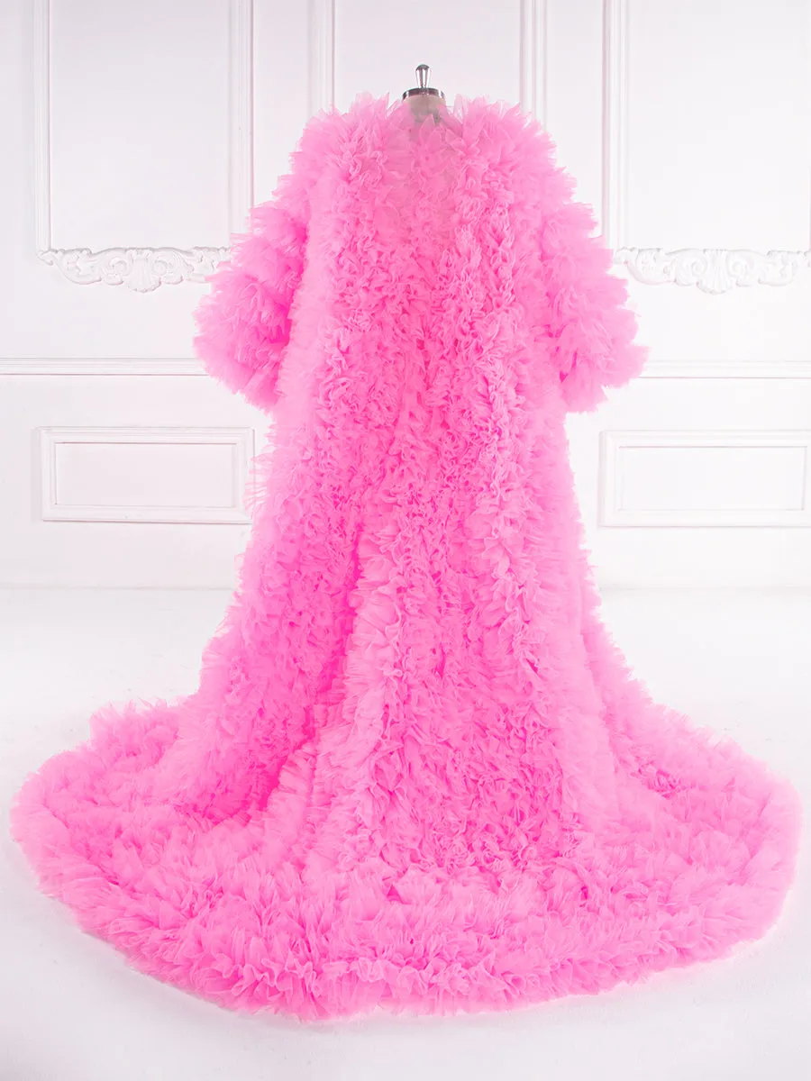 Fluffy Tiered Tulle Long Women Jacket Lush And Long Full Sleeves Cape Female Outwear Robe Coat YW243157