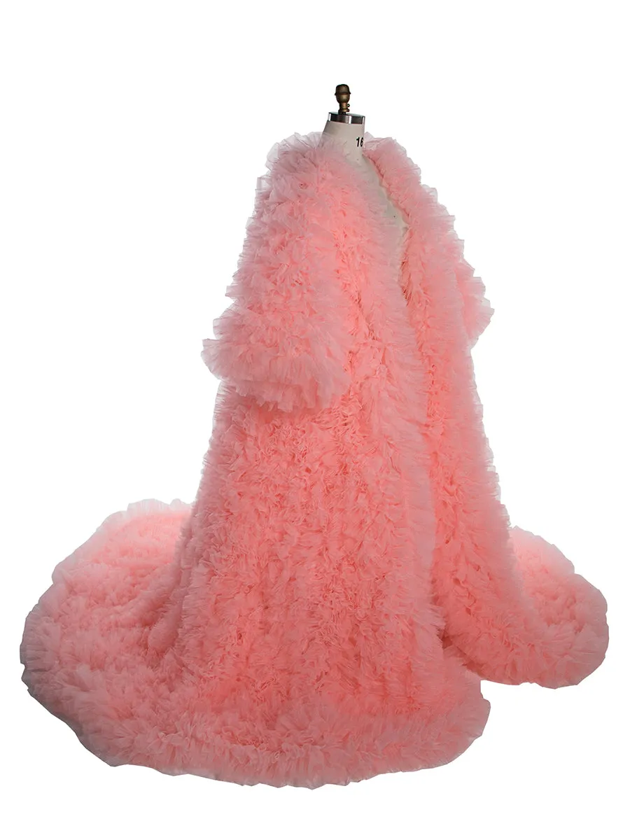 Fluffy Tiered Tulle Long Women Jacket Lush And Long Full Sleeves Cape Female Outwear Robe Coat YW243157
