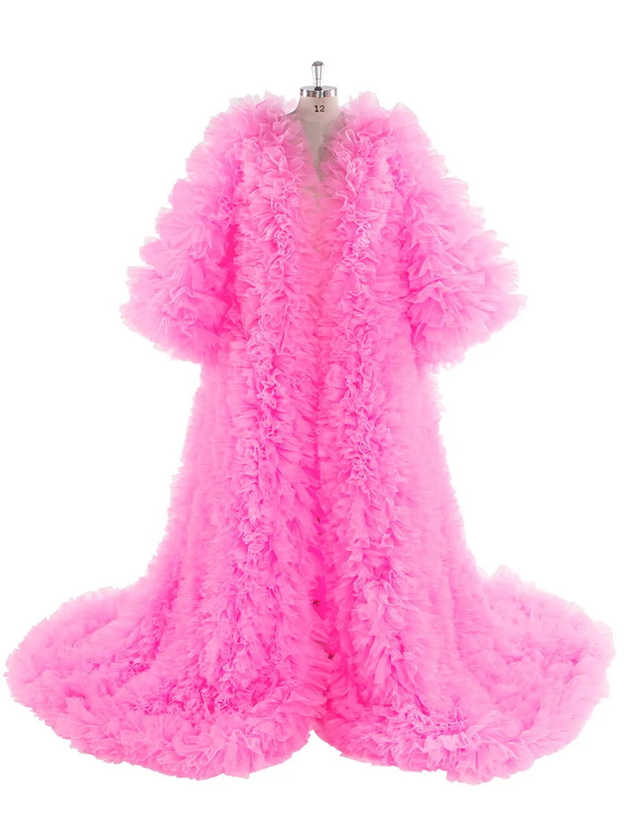 Fluffy Tiered Tulle Long Women Jacket Lush And Long Full Sleeves Cape Female Outwear Robe Coat YW243157