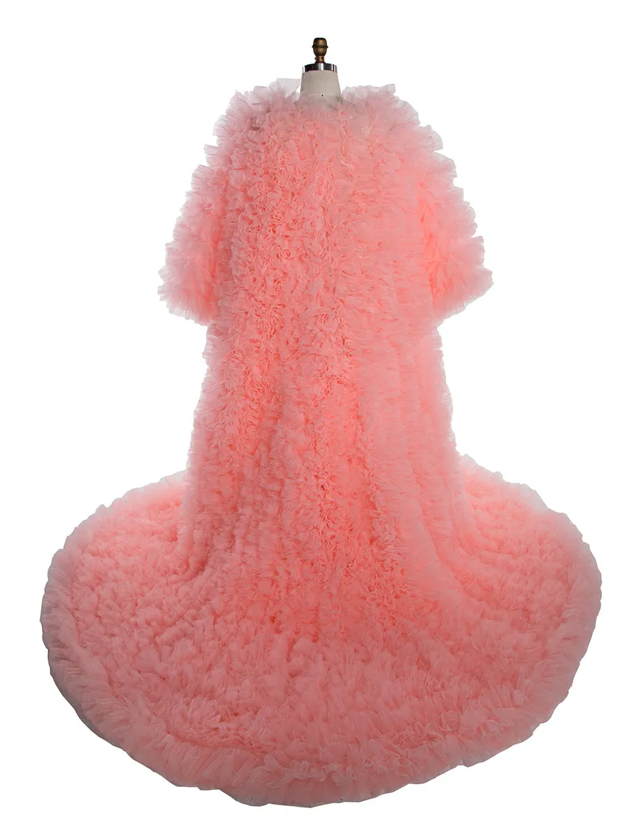 Fluffy Tiered Tulle Long Women Jacket Lush And Long Full Sleeves Cape Female Outwear Robe Coat YW243157