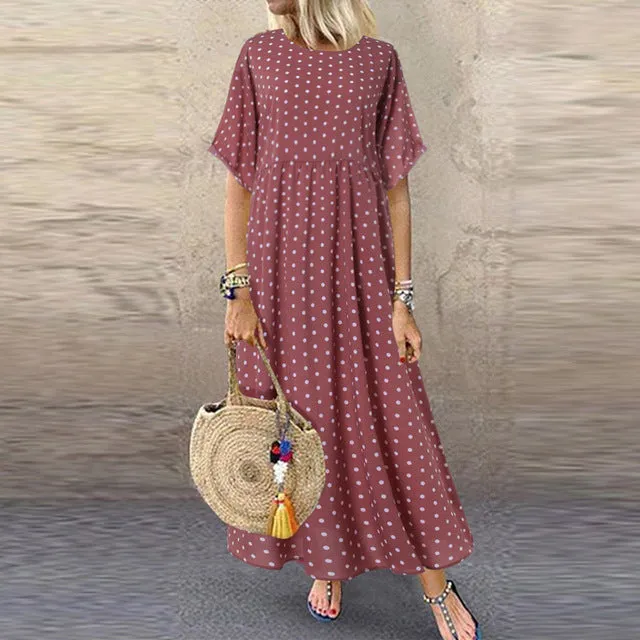 Free Ostrich Plus Size Dress Women Floral Printed Split Long Maxi Dress Short Sleeve Dot Peinted Casual Dress Bohemian Vestidos