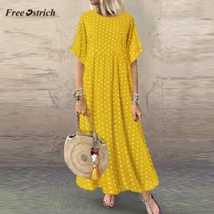 Free Ostrich Plus Size Dress Women Floral Printed Split Long Maxi Dress Short Sleeve Dot Peinted Casual Dress Bohemian Vestidos