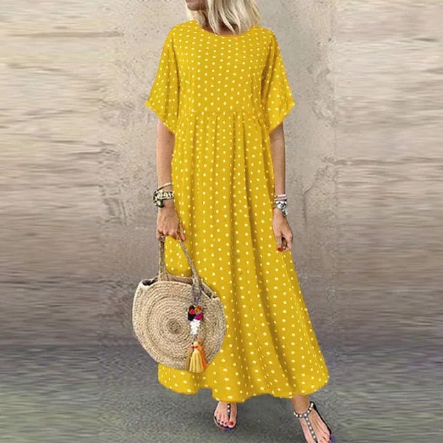 Free Ostrich Plus Size Dress Women Floral Printed Split Long Maxi Dress Short Sleeve Dot Peinted Casual Dress Bohemian Vestidos