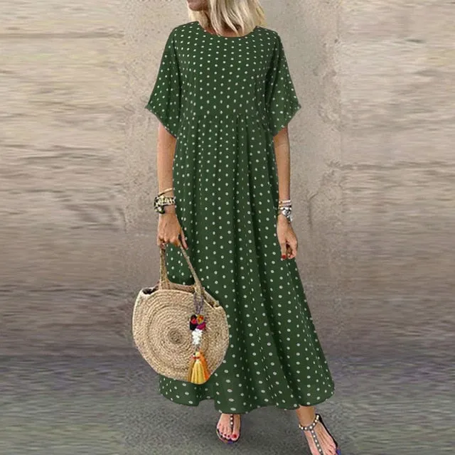 Free Ostrich Plus Size Dress Women Floral Printed Split Long Maxi Dress Short Sleeve Dot Peinted Casual Dress Bohemian Vestidos