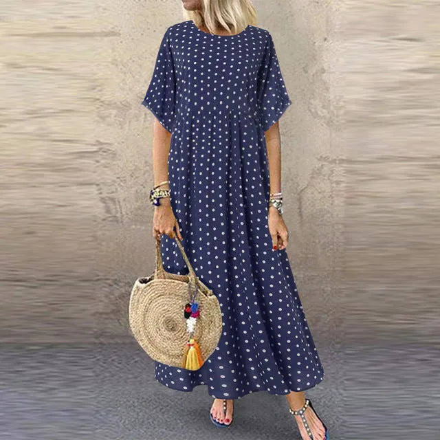 Free Ostrich Plus Size Dress Women Floral Printed Split Long Maxi Dress Short Sleeve Dot Peinted Casual Dress Bohemian Vestidos