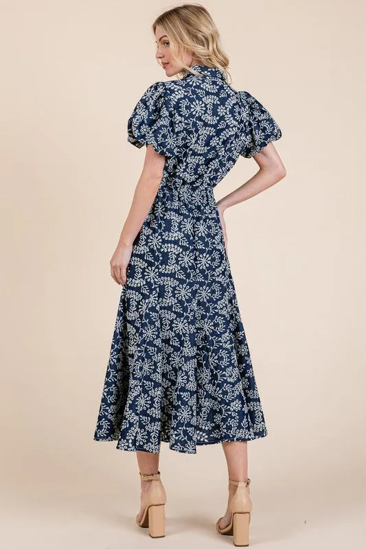 GeeGee Natural Leaf Pattern Eyelet Lace Puff Sleeve Dress