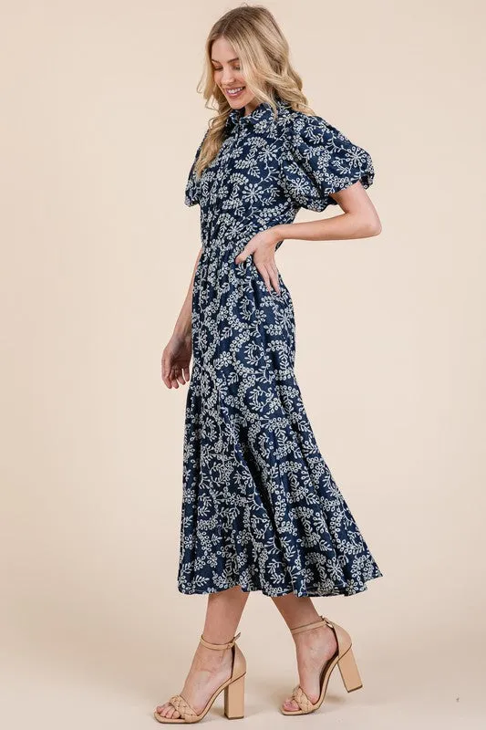 GeeGee Natural Leaf Pattern Eyelet Lace Puff Sleeve Dress