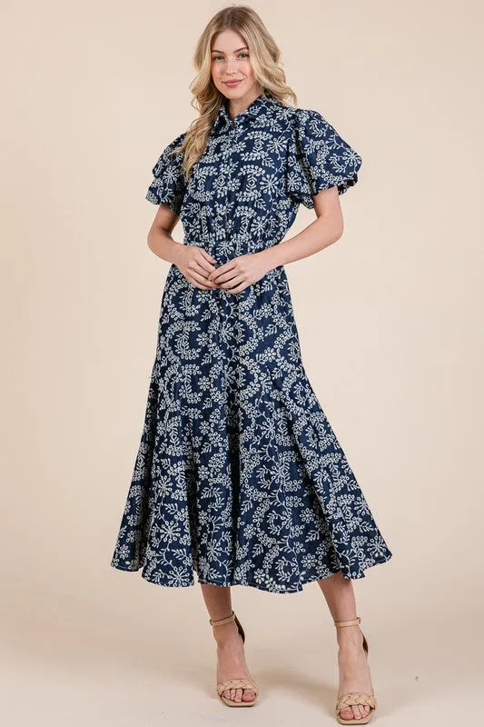 GeeGee Natural Leaf Pattern Eyelet Lace Puff Sleeve Dress