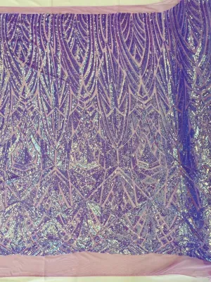 Geometric Shiny Design Sequins Embroider on a 4 Way Stretch Mesh Fabric- Sold by The Yard. Lavender Iridescent