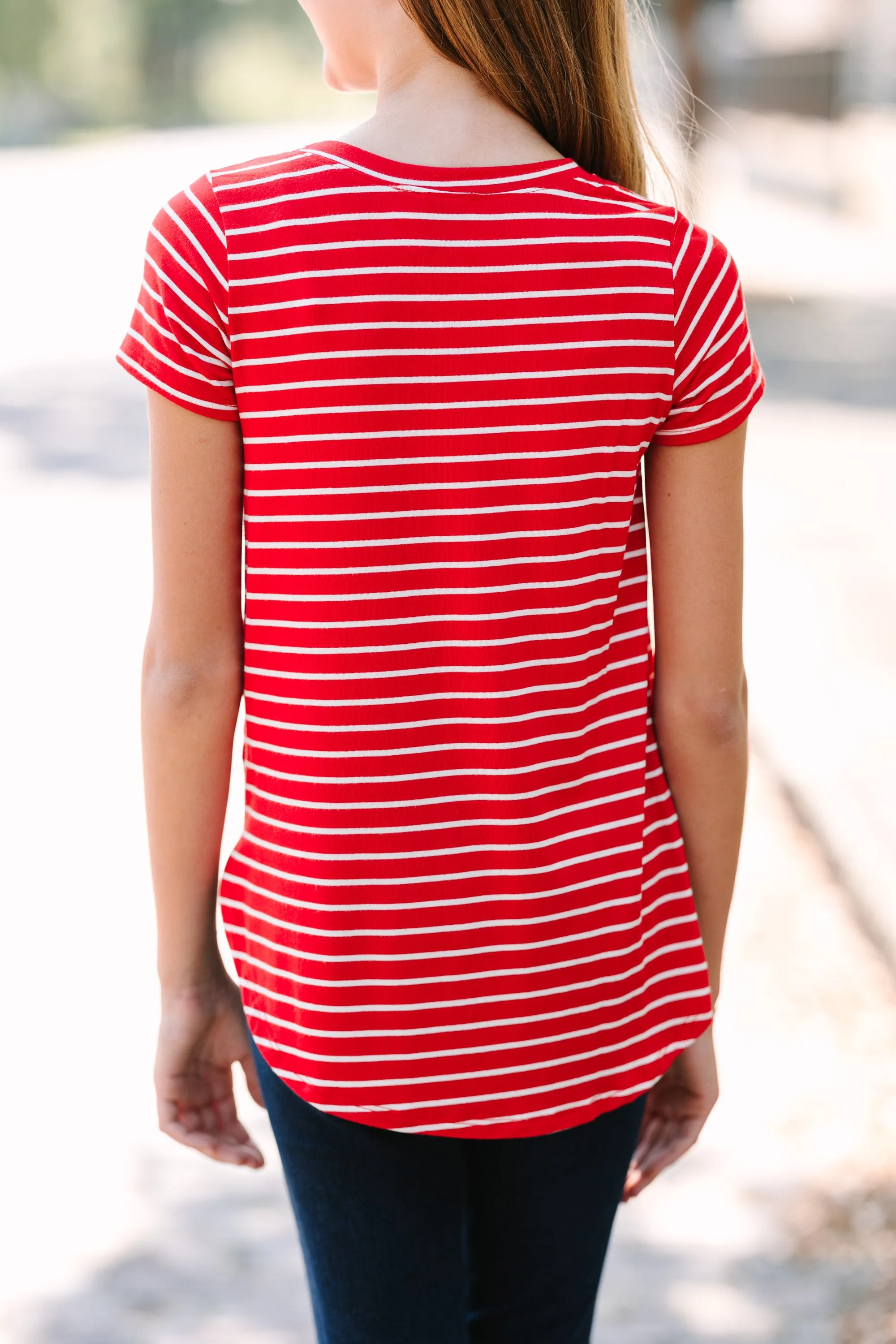 Girls: Let's Meet Later Red and White Striped Top