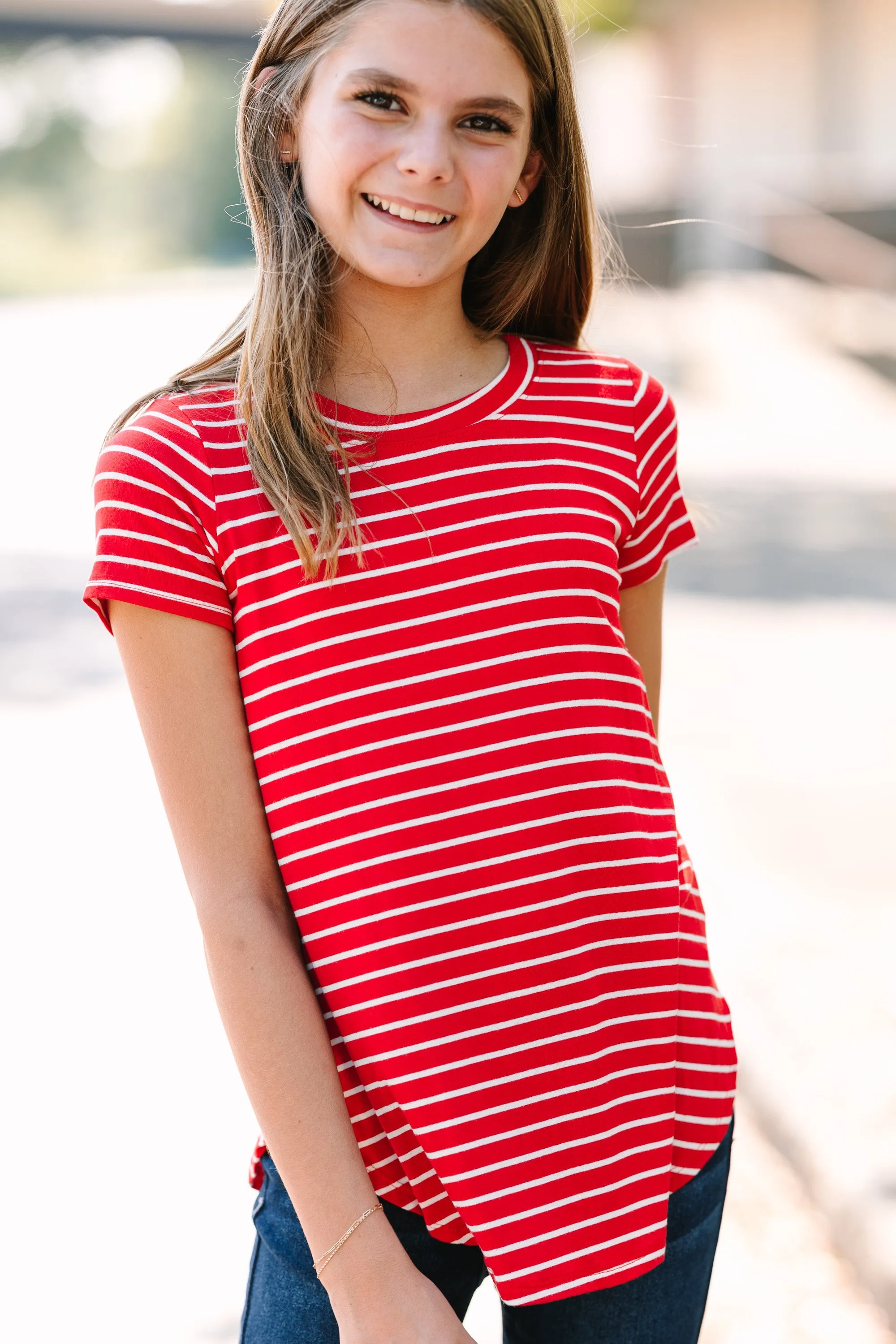 Girls: Let's Meet Later Red and White Striped Top