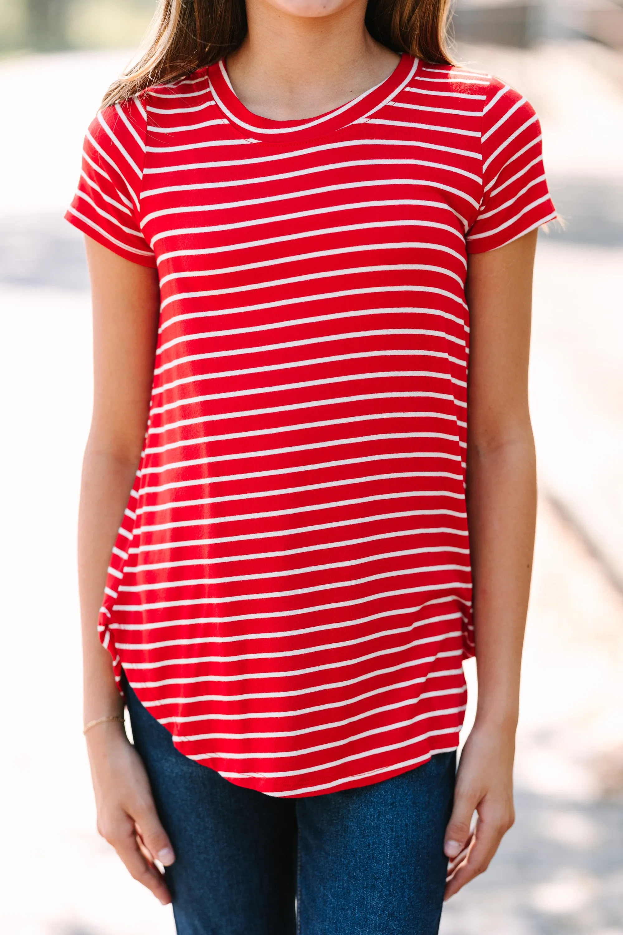 Girls: Let's Meet Later Red and White Striped Top