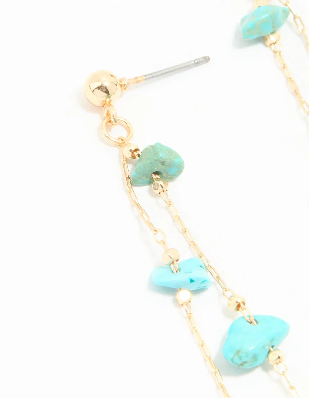Gold Blue Semi Precious Stone Statement Chain Drop Earrings