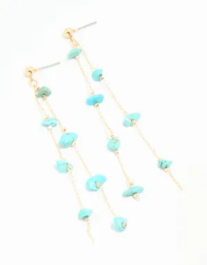 Gold Blue Semi Precious Stone Statement Chain Drop Earrings