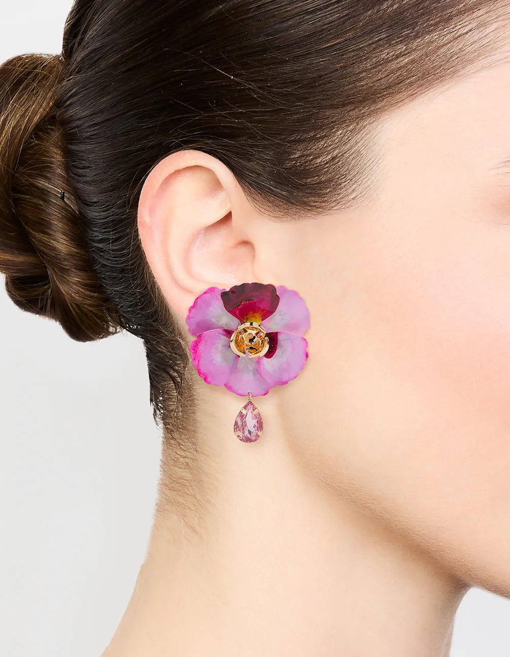 Gold Pink Coated Metal Diamante Flower Drop Earrings