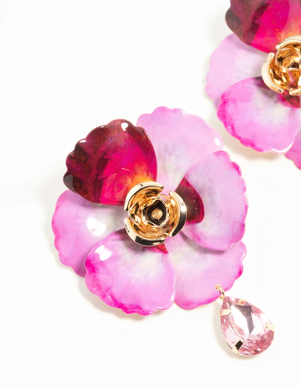 Gold Pink Coated Metal Diamante Flower Drop Earrings