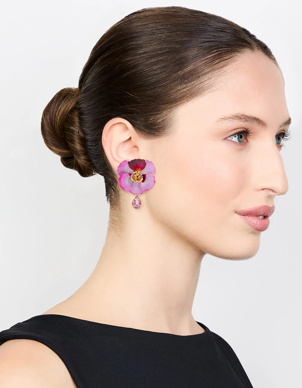 Gold Pink Coated Metal Diamante Flower Drop Earrings