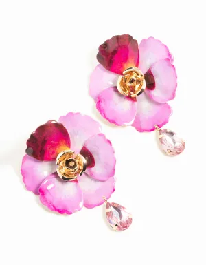 Gold Pink Coated Metal Diamante Flower Drop Earrings