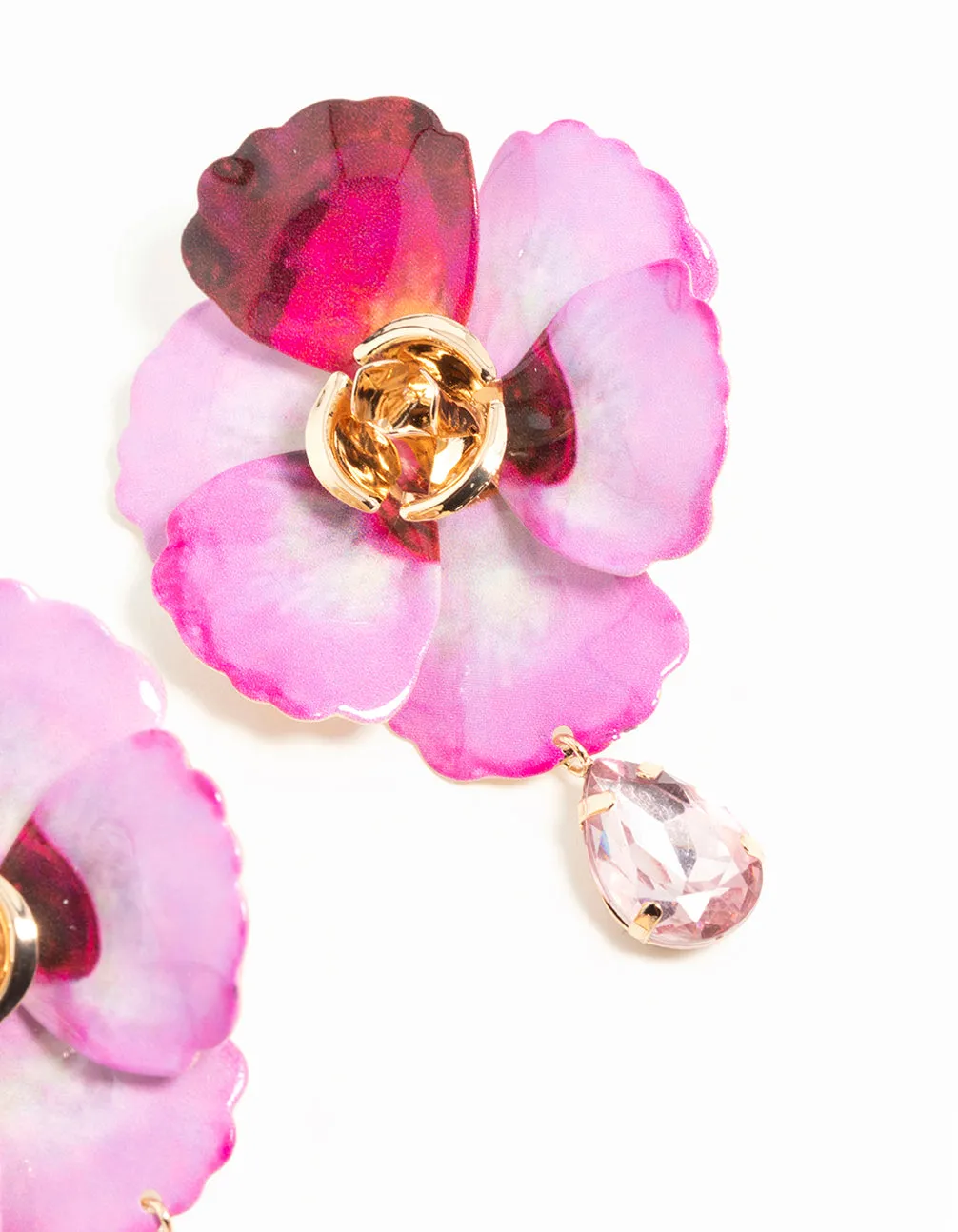 Gold Pink Coated Metal Diamante Flower Drop Earrings