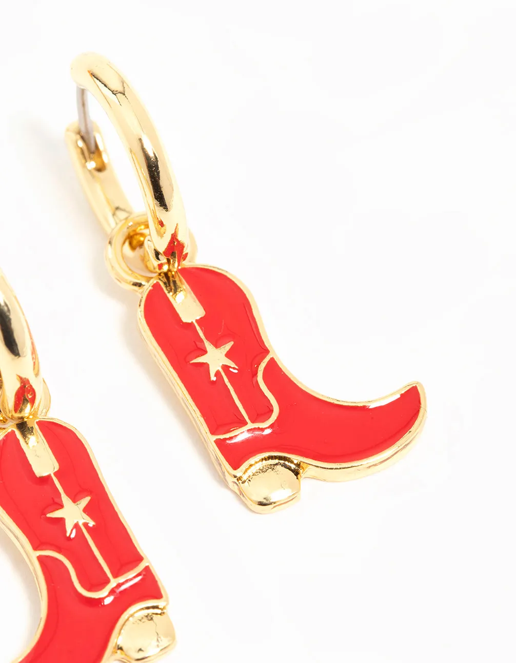 Gold Plated Red Enamel Cowboy Boot Drop Earrings