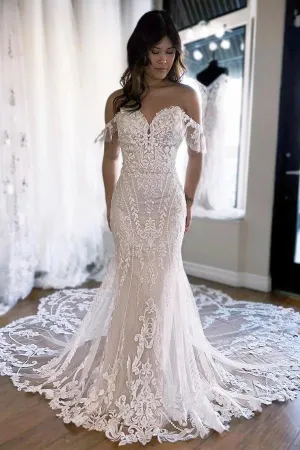 Gorgeous Tulle Mermaid Off-the-Shoulder Lace Appliques Wedding Dresses, SW706