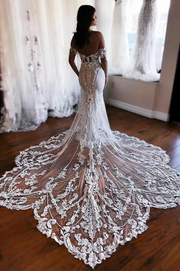 Gorgeous Tulle Mermaid Off-the-Shoulder Lace Appliques Wedding Dresses, SW706