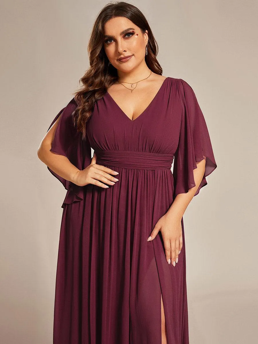 Grande Taille Robe Curvy en mousseline plissée Col V manches mi-longues