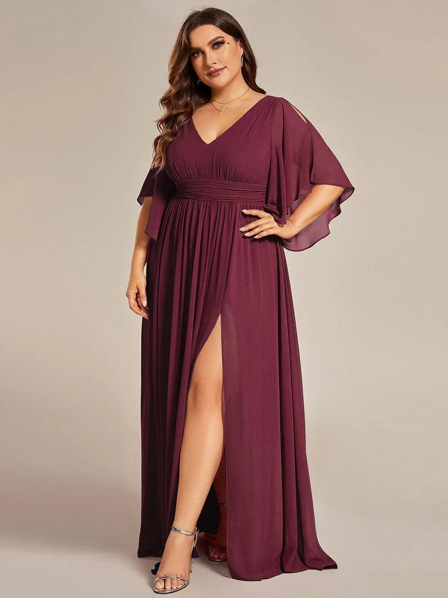 Grande Taille Robe Curvy en mousseline plissée Col V manches mi-longues
