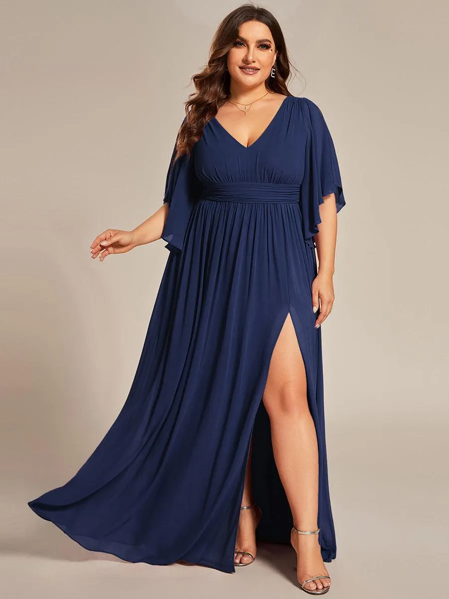 Grande Taille Robe Curvy en mousseline plissée Col V manches mi-longues