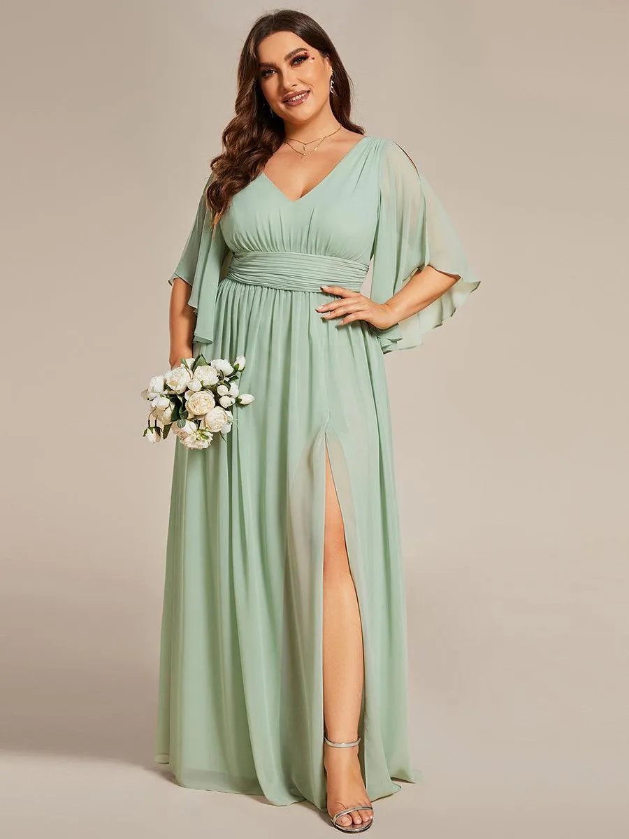 Grande Taille Robe Curvy en mousseline plissée Col V manches mi-longues