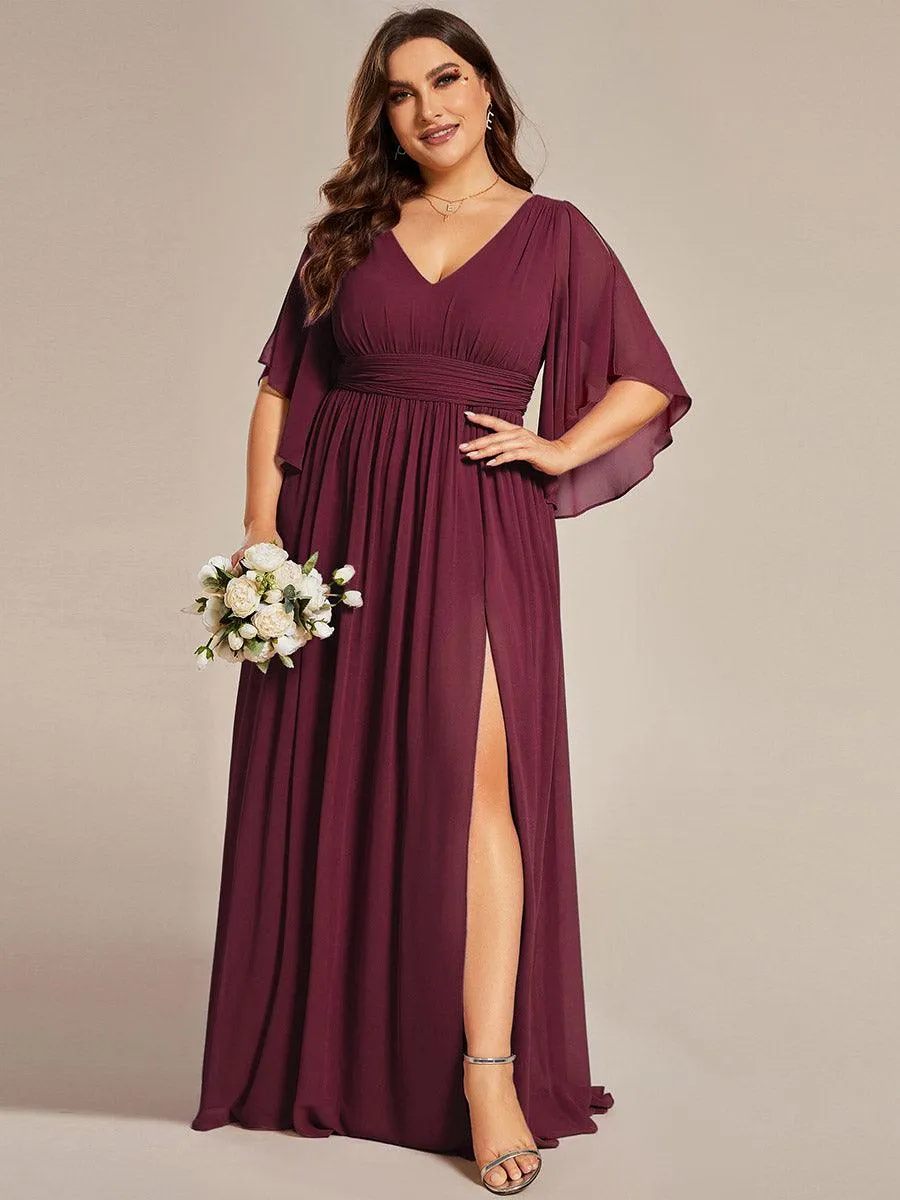 Grande Taille Robe Curvy en mousseline plissée Col V manches mi-longues