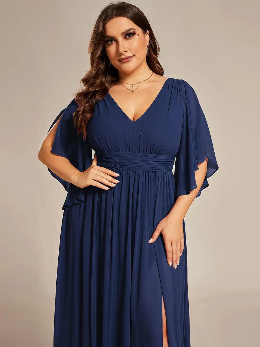 Grande Taille Robe Curvy en mousseline plissée Col V manches mi-longues