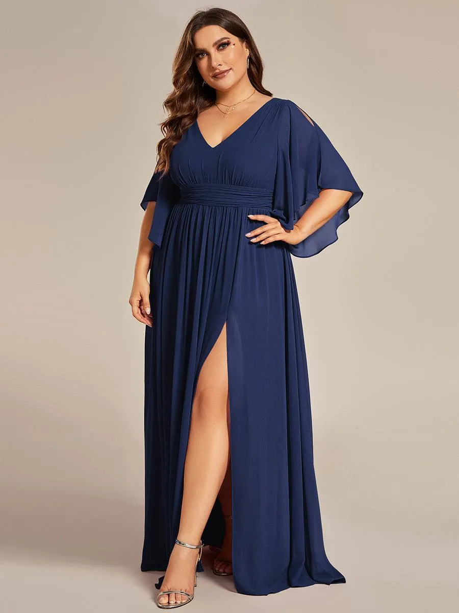 Grande Taille Robe Curvy en mousseline plissée Col V manches mi-longues