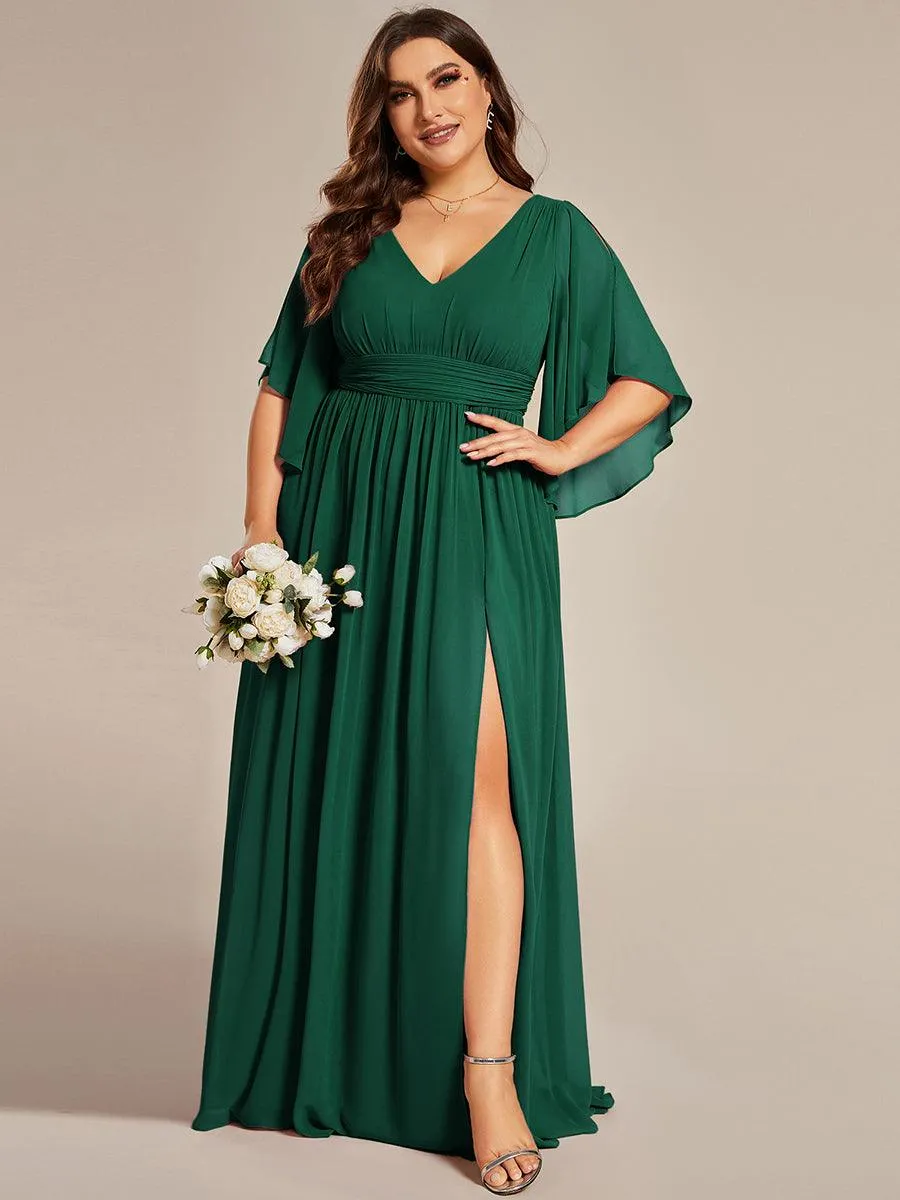 Grande Taille Robe Curvy en mousseline plissée Col V manches mi-longues