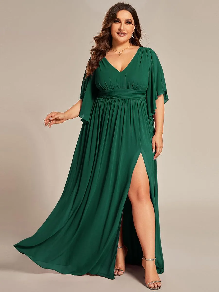 Grande Taille Robe Curvy en mousseline plissée Col V manches mi-longues