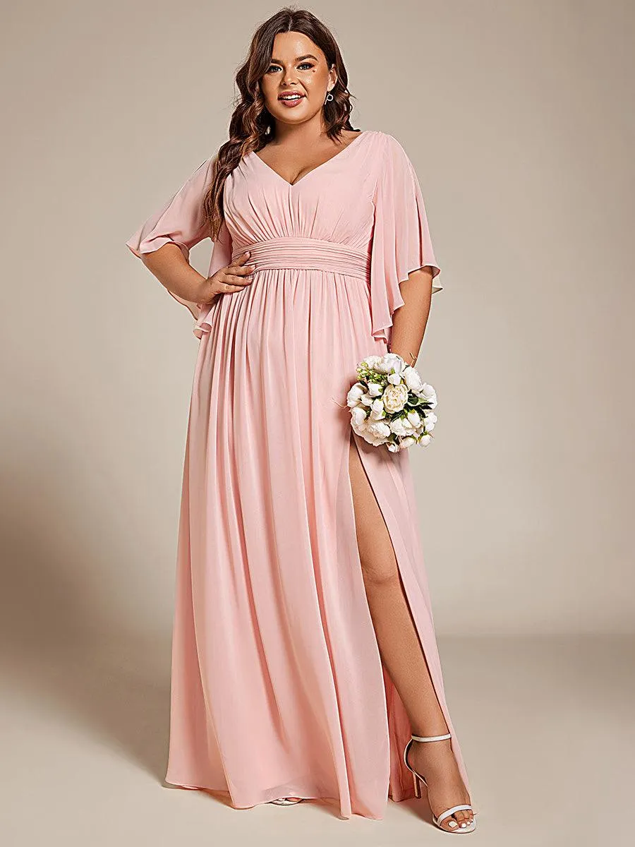 Grande Taille Robe Curvy en mousseline plissée Col V manches mi-longues