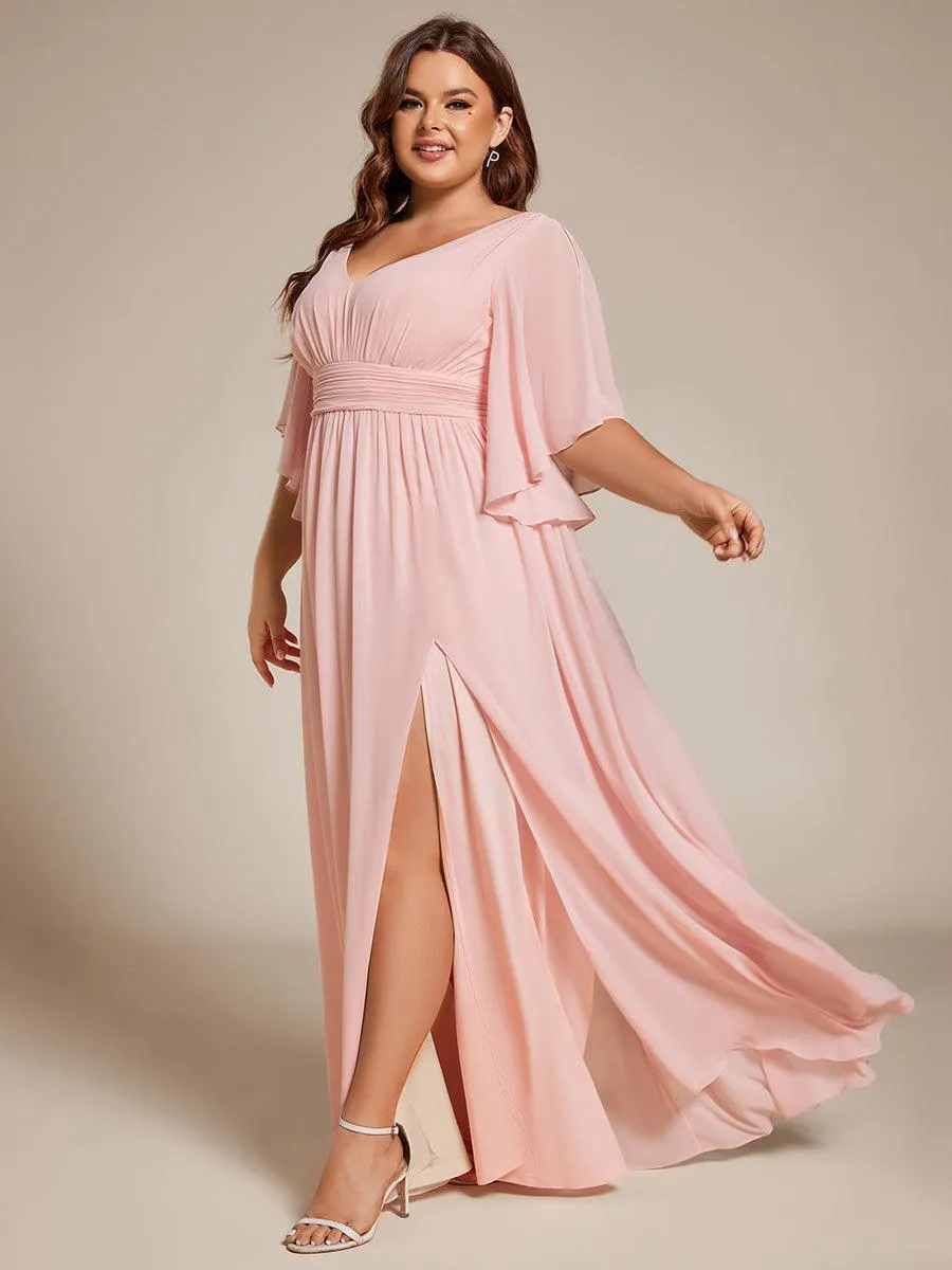Grande Taille Robe Curvy en mousseline plissée Col V manches mi-longues