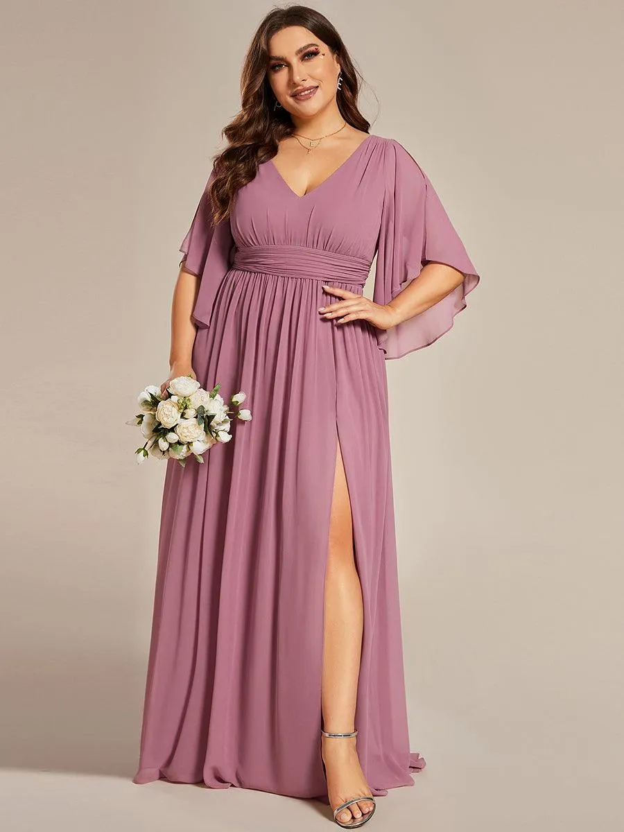 Grande Taille Robe Curvy en mousseline plissée Col V manches mi-longues