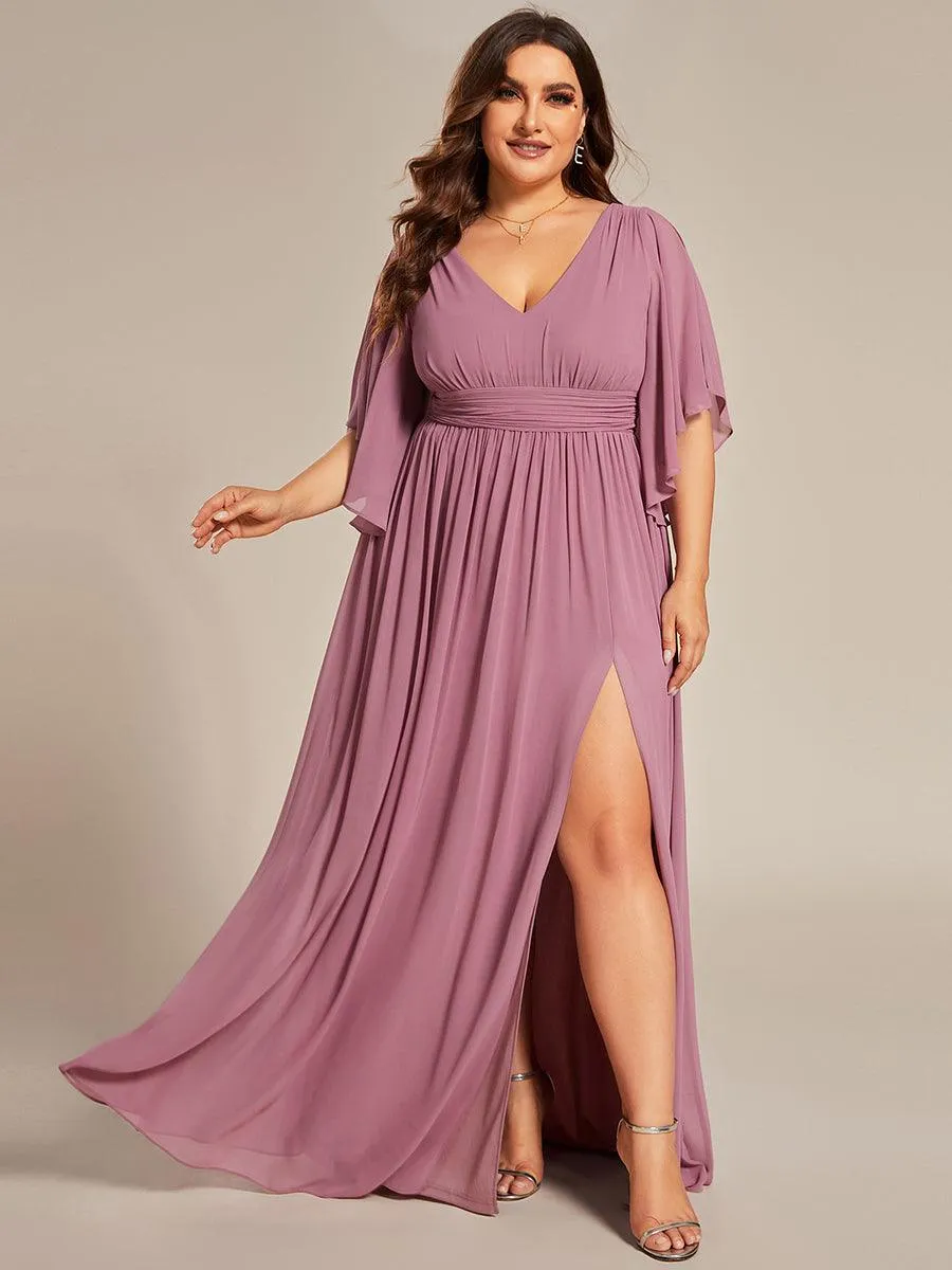 Grande Taille Robe Curvy en mousseline plissée Col V manches mi-longues