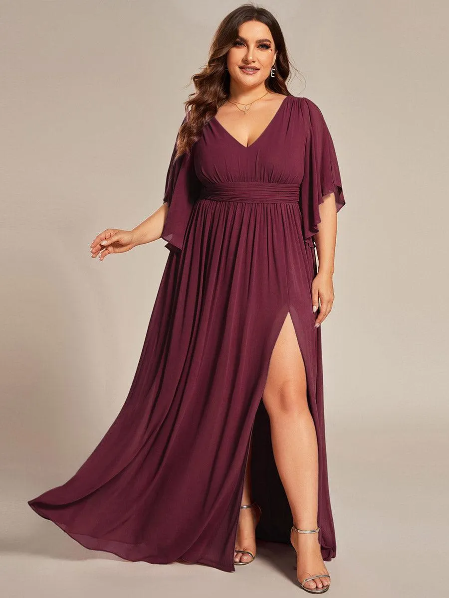 Grande Taille Robe Curvy en mousseline plissée Col V manches mi-longues