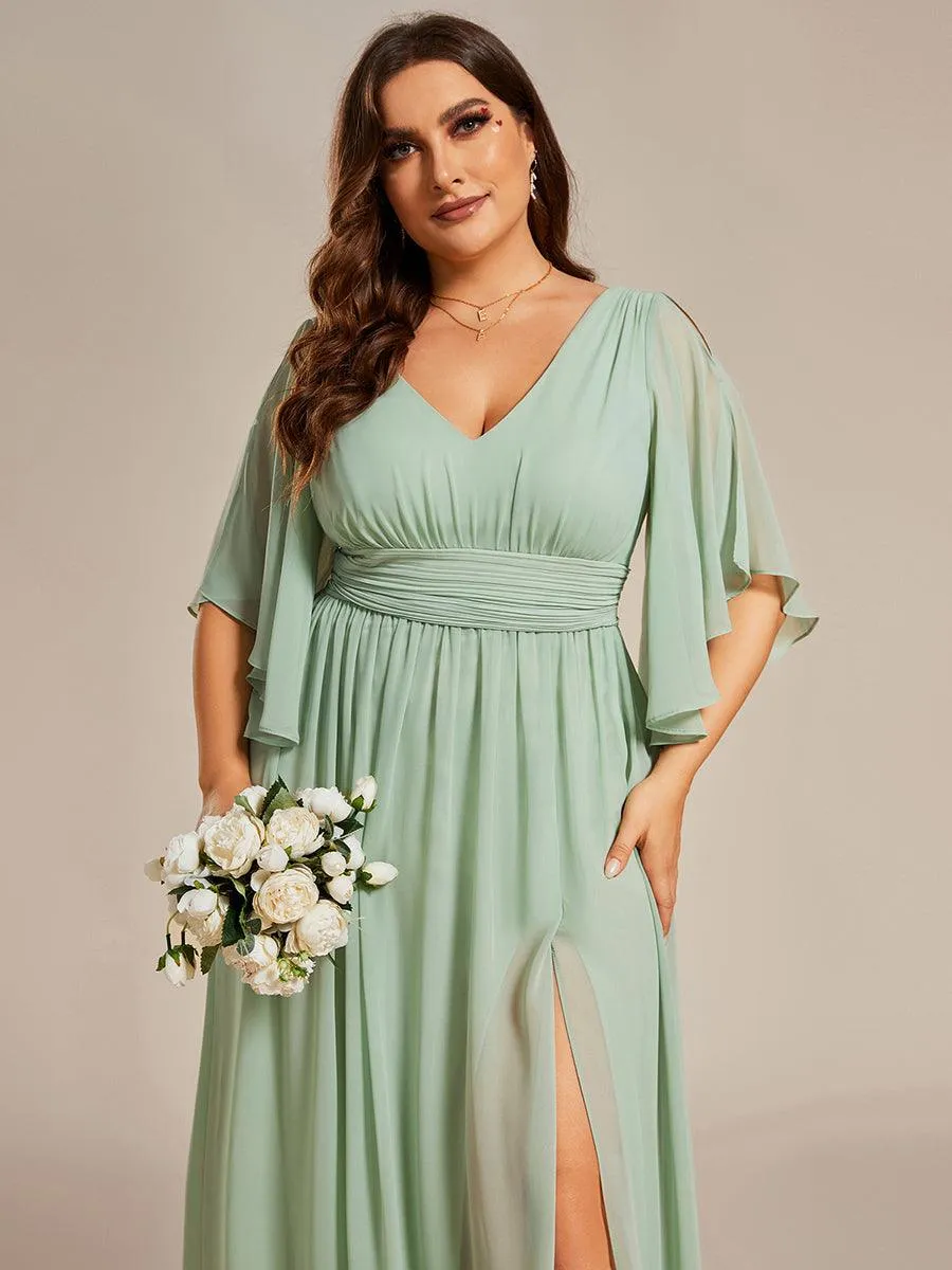Grande Taille Robe Curvy en mousseline plissée Col V manches mi-longues