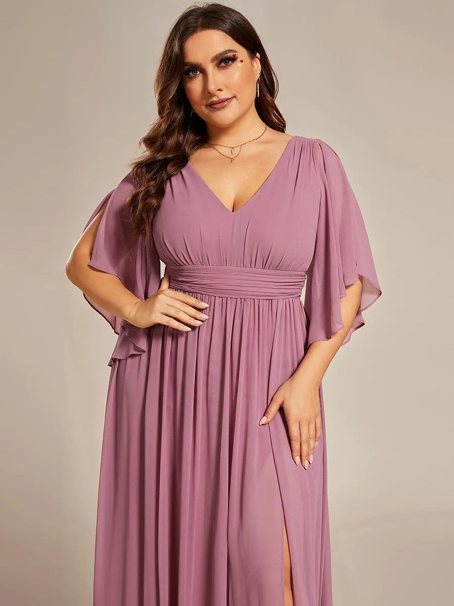 Grande Taille Robe Curvy en mousseline plissée Col V manches mi-longues