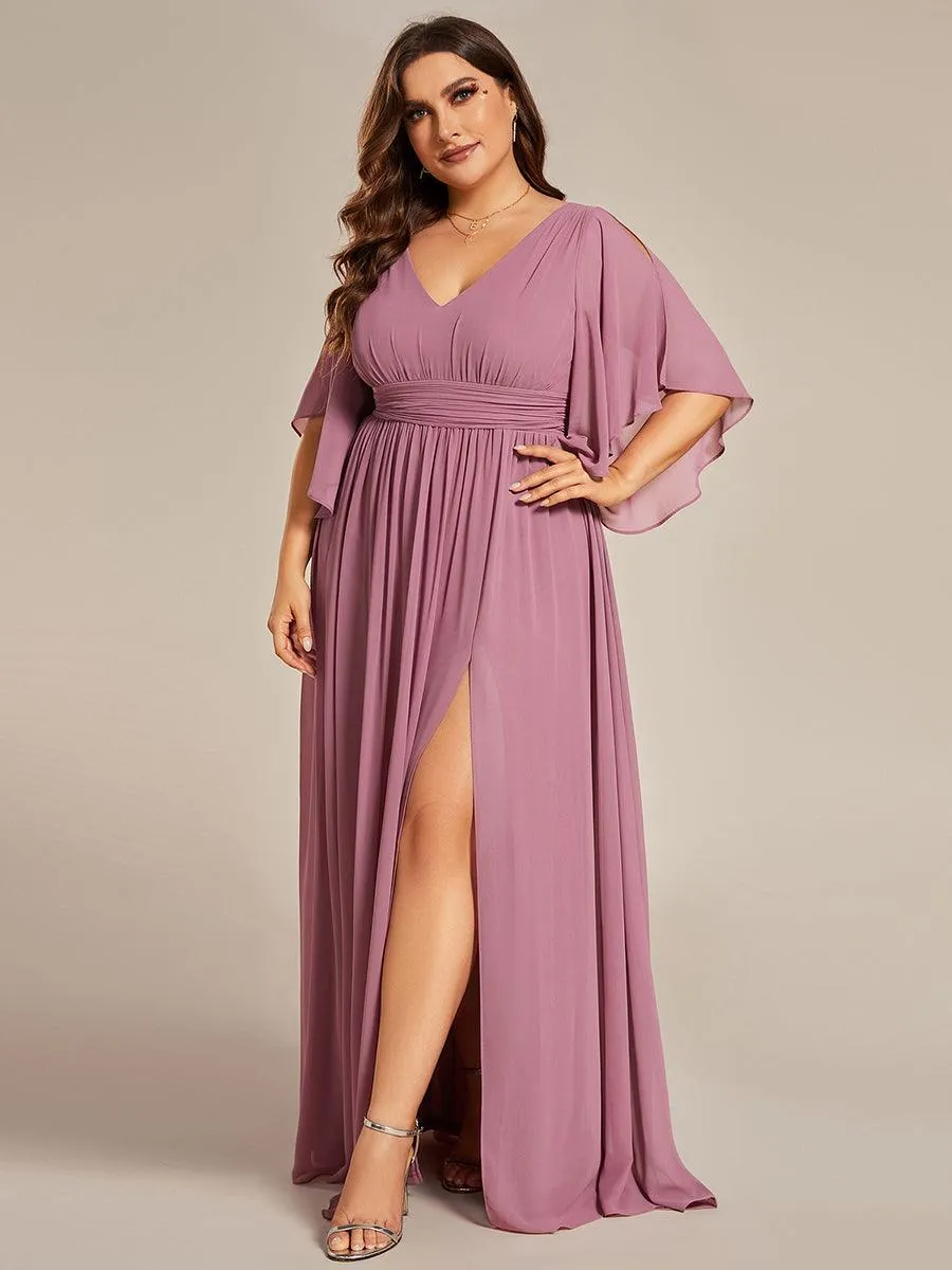 Grande Taille Robe Curvy en mousseline plissée Col V manches mi-longues