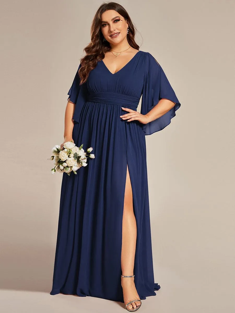 Grande Taille Robe Curvy en mousseline plissée Col V manches mi-longues