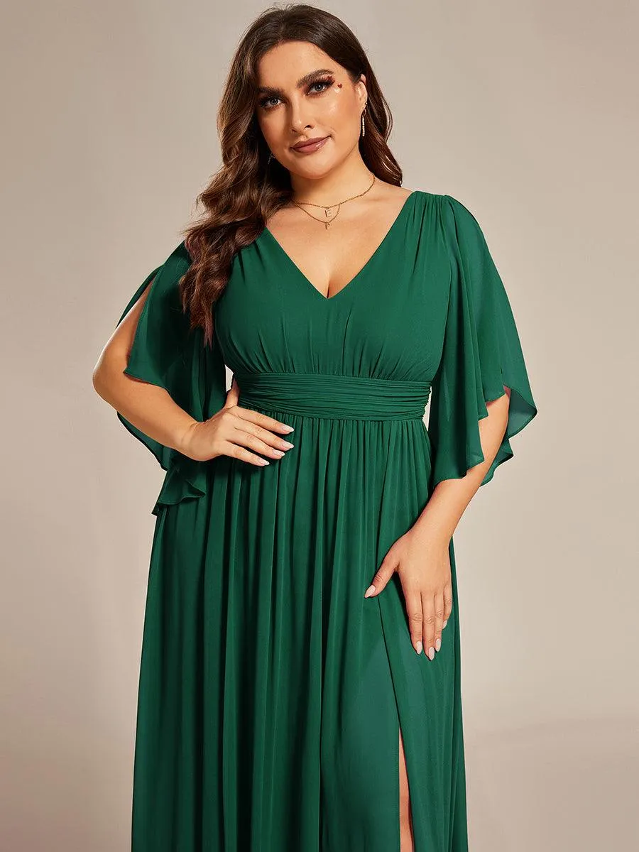 Grande Taille Robe Curvy en mousseline plissée Col V manches mi-longues
