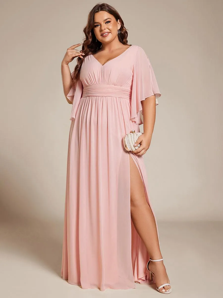 Grande Taille Robe Curvy en mousseline plissée Col V manches mi-longues