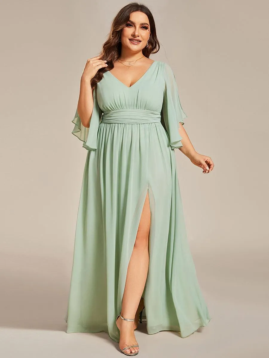 Grande Taille Robe Curvy en mousseline plissée Col V manches mi-longues