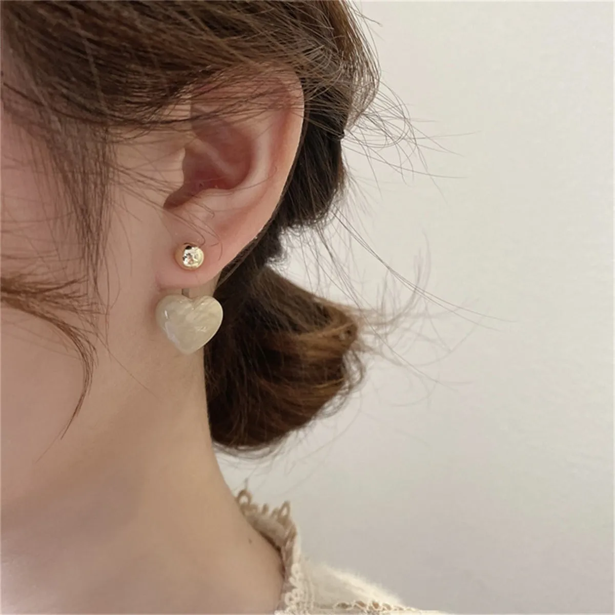 Gray Enamel & 18K Gold-Plated Heart Ear Jackets