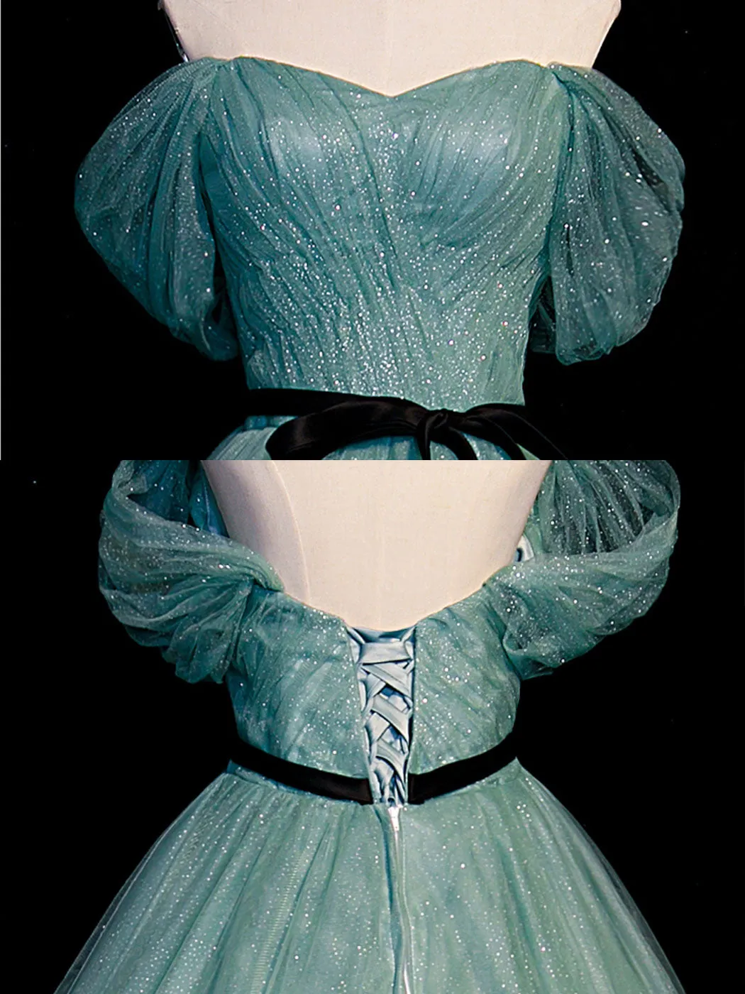Green A line tulle sequin long prom dress green  tulle formal dress